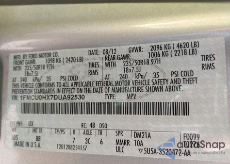 2013 Ford Escape Sel z USA, uszkodzony, nr VIN 1FMCU0HX7DUA92530